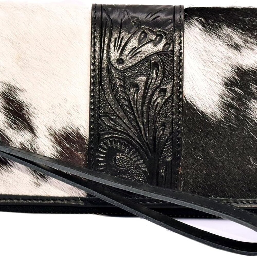 Women's Cowhide Leather Clutch Wallet with Fur Hand Tooling Black 8x2x5